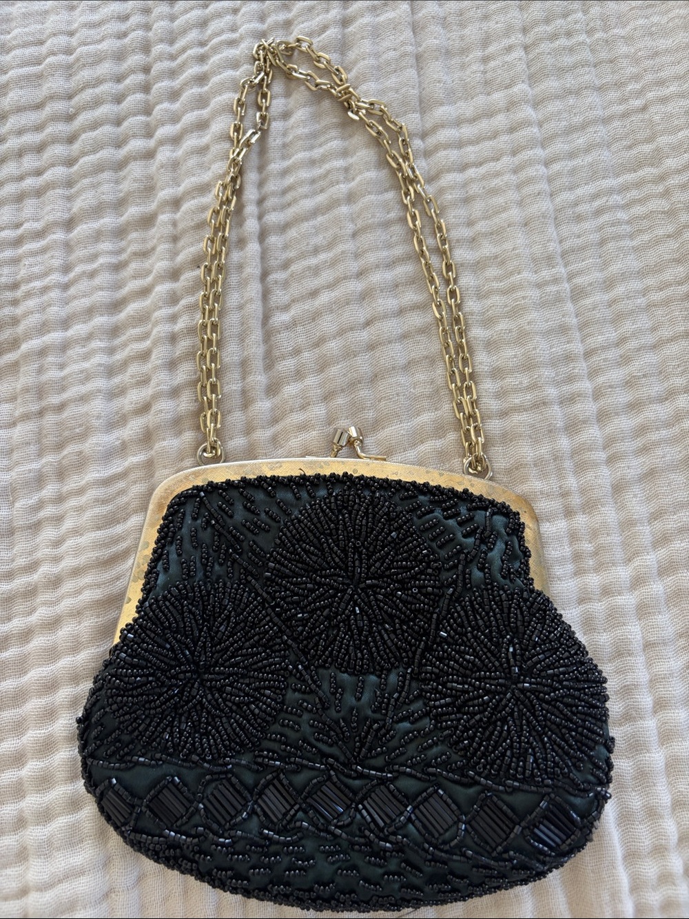 Small Black Beaded Evening Clutch with Gold Chain Strap